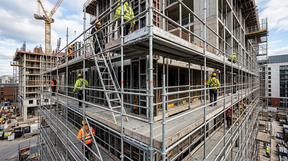 Modular Cuplock scaffolding system with vertical standards and ledgers for fast and safe assembly