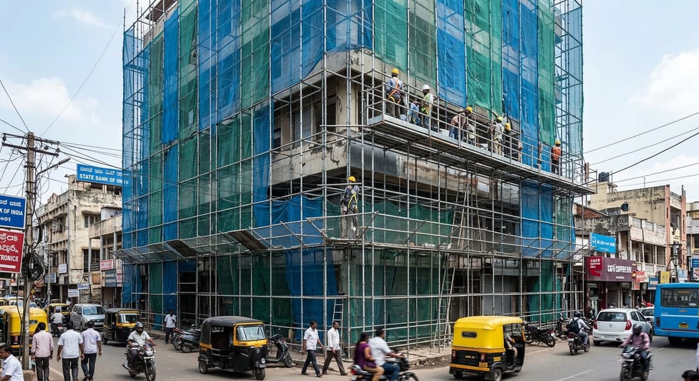 Building facade renovation scaffolding and external staging Bangalore