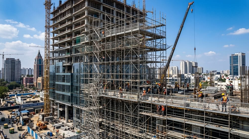 Heavy-duty steel structural scaffolding for multi-storey towers and high load capacity projects