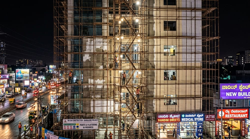 Facade scaffolding tower for multi-story building exterior in Koramangala