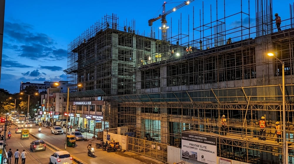 Modular Cuplock and MS pipe scaffolding on construction site in HSR Layout