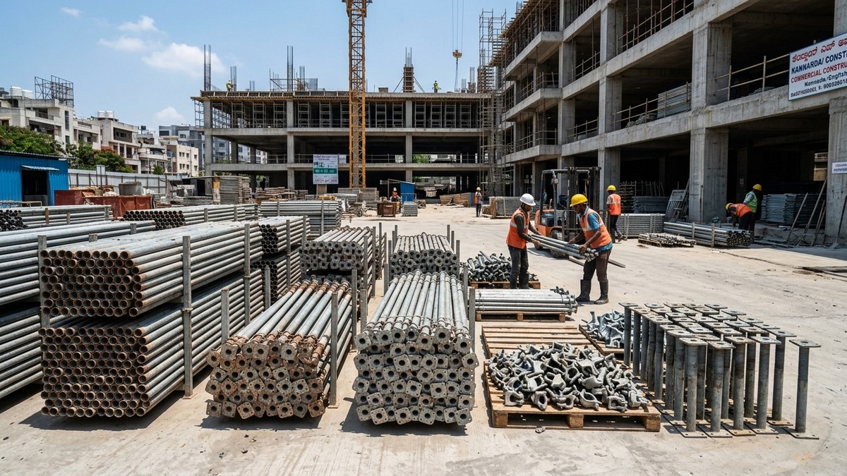 Neatly stacked scaffolding equipment rental Bangalore including adjustable steel props, cuplock standards, base jacks and clamps