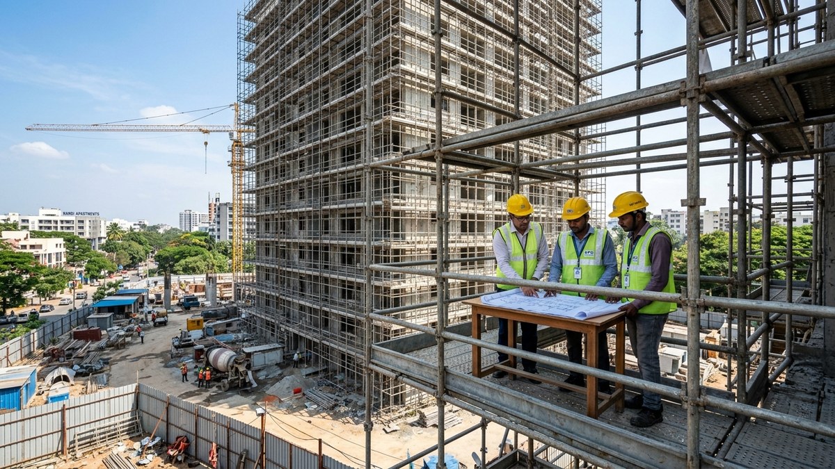 Active construction site in Bangalore with multi-tier modular Cuplock and H-frame scaffolding on rent