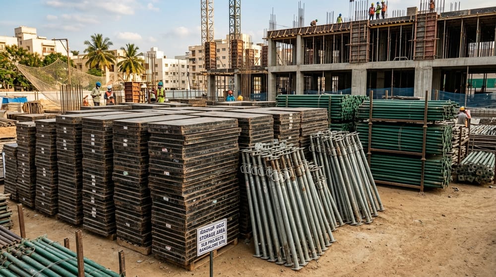 Project-based scaffolding supply with steel shuttering centering plates and telescopic Acrow props