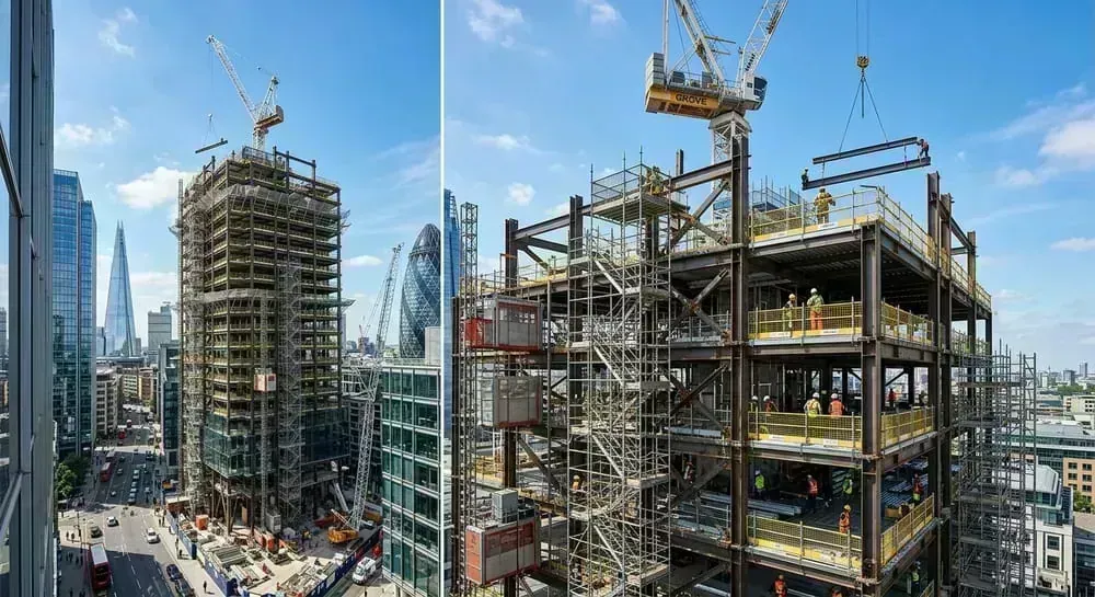 Modular steel access staging and shuttering props deployed at Thanisandra site