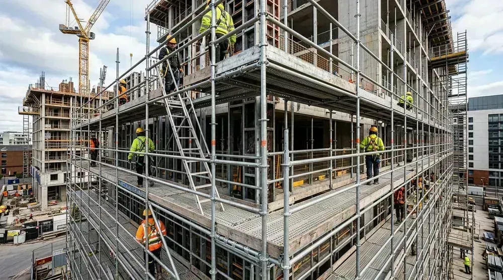 Modular steel scaffolding staging and shuttering plates deployed in Ullal